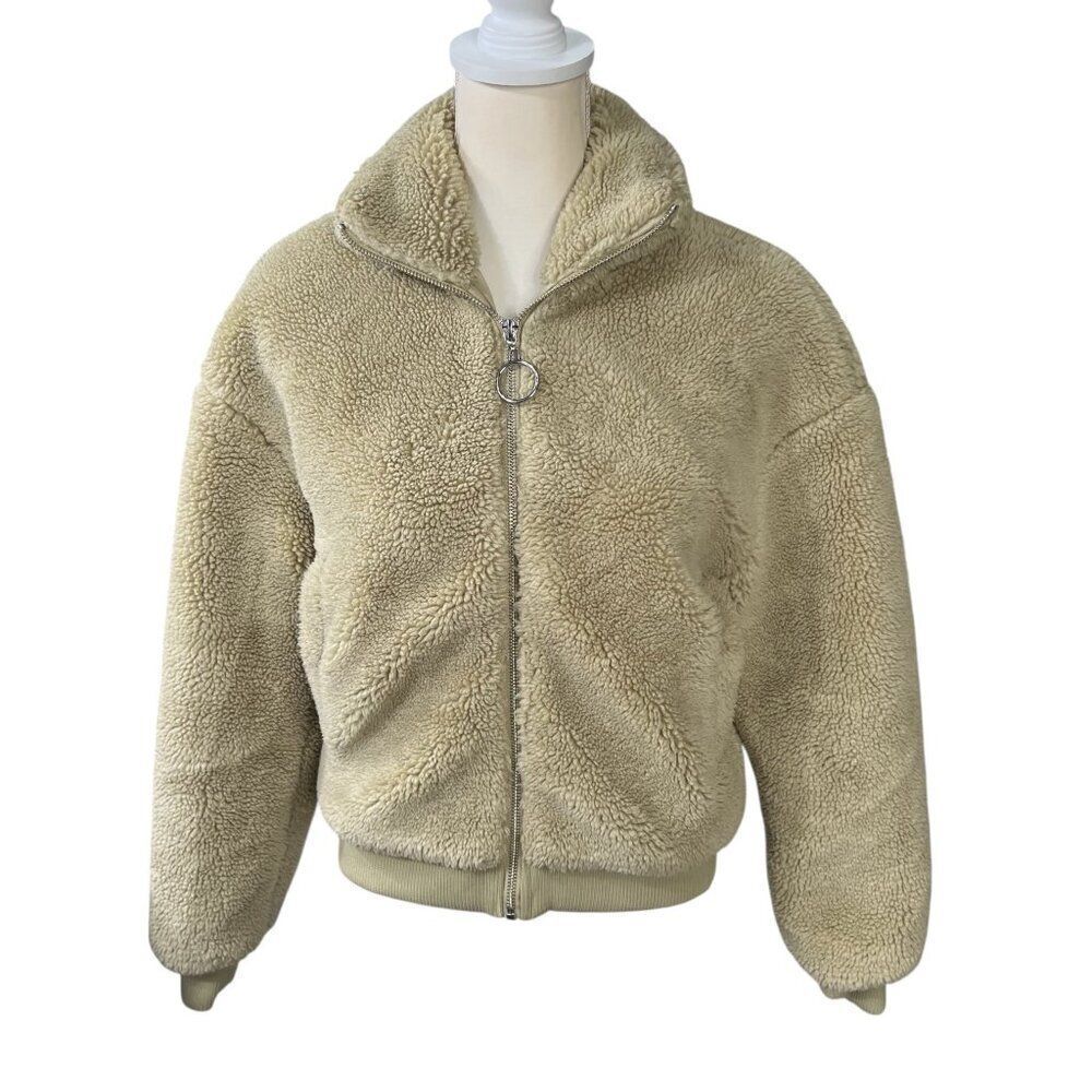 WeWoreWhat Cropped Sherpa Teddy Bomber Jacket Full Zip High Collar Tan Size XS